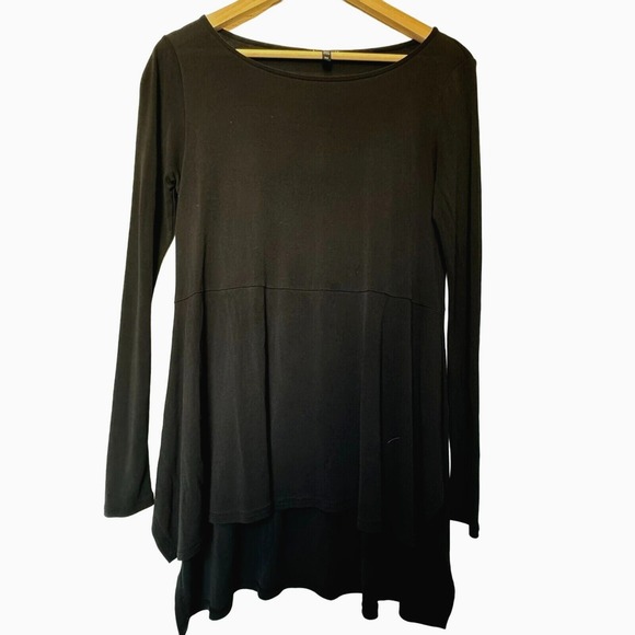 EILEEN FISHER Small 100% Silk Black‎ Scoop Neck Long Sleeve Tunic Top Shirt Goth - Picture 1 of 8